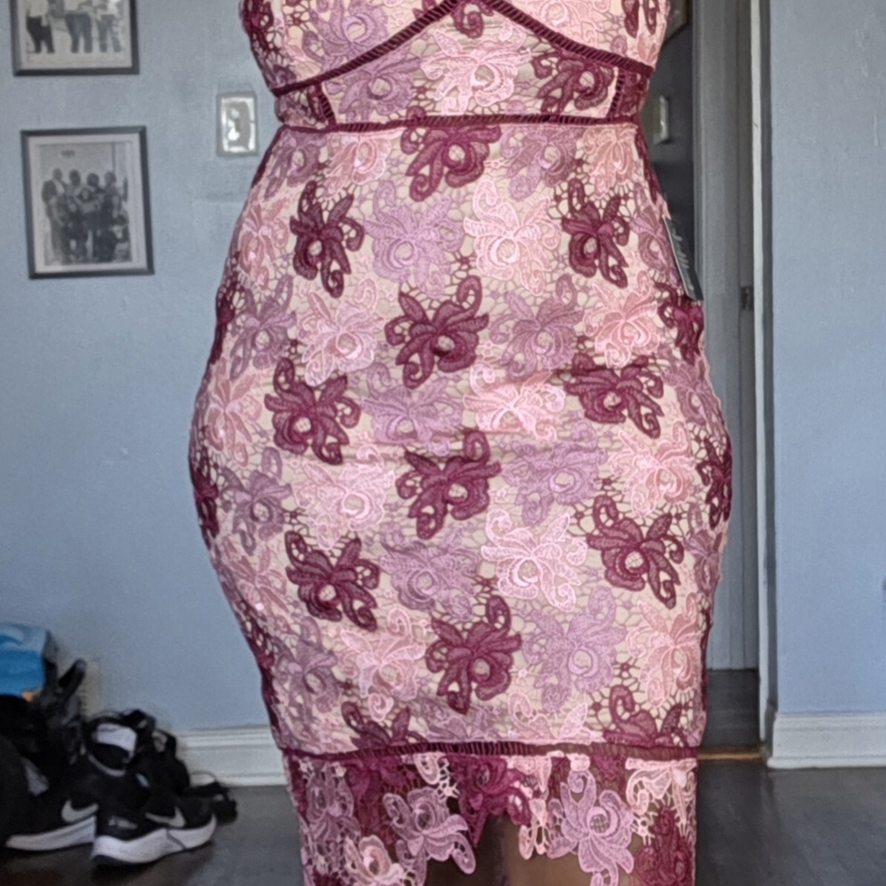 Luxe Burgundy and Pink Lace Midi Dress